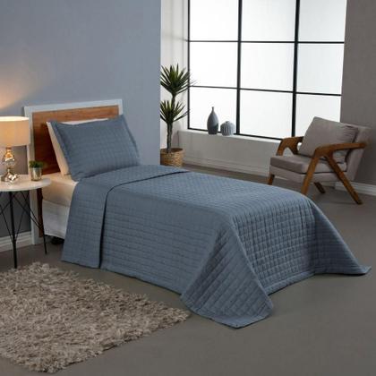 Imagem de Kit Cobre Leito Colcha Bellini Solteiro Dupla Face Percal 300 Fios Textura Matelassê 2 Peças - Azul