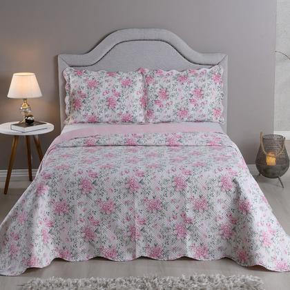 Imagem de Kit Cobre Leito Colcha Casal Padrão 3 Peças Boutis Estampada Dupla Face Porta Travesseiro Aba Americana