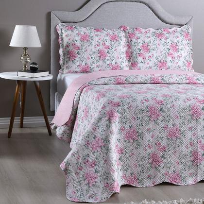 Imagem de Kit Cobre Leito Colcha Casal Padrão 3 Peças Boutis Estampada Dupla Face Porta Travesseiro Aba Americana