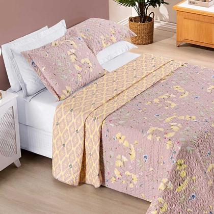 Imagem de Kit Cobre Leito Colcha Dallas Queen Dupla Face Estampada 3 Peças - Rosê Lavanda Floral