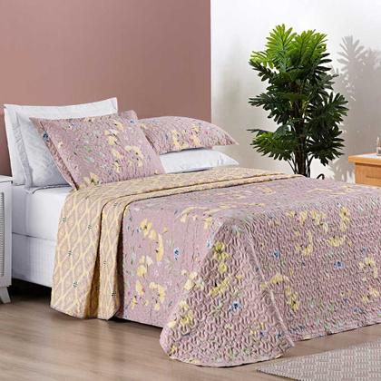 Imagem de Kit Cobre Leito Colcha Dallas Queen Dupla Face Estampada 3 Peças - Rosê Lavanda Floral