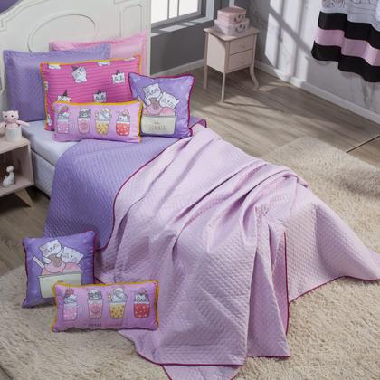 Imagem de Kit Cobre Leito Colcha Infantil SOLTEIRO 05 Peças Gatinhos Dupla Face Rosa/Lilás com Almofadas Estampadas