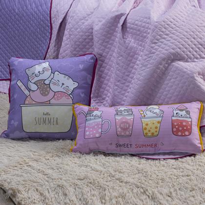 Imagem de Kit Cobre Leito Colcha Infantil SOLTEIRO 05 Peças Gatinhos Dupla Face Rosa/Lilás com Almofadas Estampadas