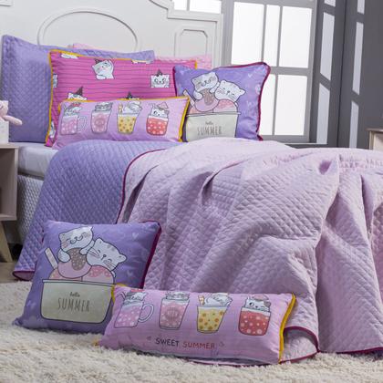Imagem de Kit Cobre Leito Colcha Infantil SOLTEIRO 05 Peças Gatinhos Dupla Face Rosa/Lilás com Almofadas Estampadas