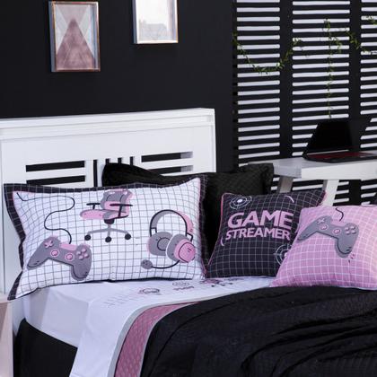 Imagem de Kit Cobre Leito Colcha Infantil SOLTEIRO 5 Peças Game Streamer Dupla Face com Almofadas Estampadas 