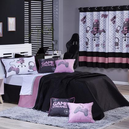 Imagem de Kit Cobre Leito Colcha Infantil SOLTEIRO 5 Peças Game Streamer Dupla Face com Almofadas Estampadas 