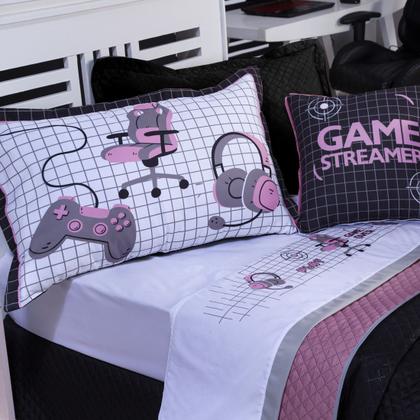 Imagem de Kit Cobre Leito Colcha Infantil SOLTEIRO 5 Peças Game Streamer Dupla Face com Almofadas Estampadas 