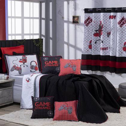 Imagem de Kit Cobre Leito Colcha Infantil SOLTEIRO 5 Peças Game Streamer Dupla Face com Almofadas Estampadas 