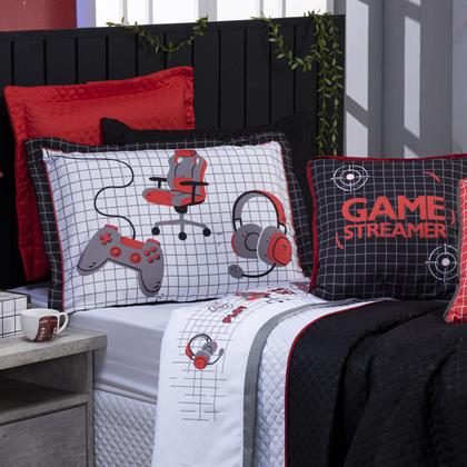 Imagem de Kit Cobre Leito Colcha Infantil SOLTEIRO 5 Peças Game Streamer Dupla Face com Almofadas Estampadas 