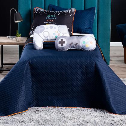 Imagem de Kit Cobre Leito Colcha Infantil SOLTEIRO 5 Peças Retro Game Controle Dupla Face Azul Marinho/Preto com Almofadas Formato Estampadas