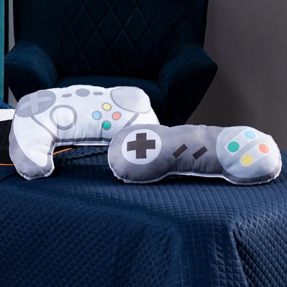 Imagem de Kit Cobre Leito Colcha Infantil SOLTEIRO 5 Peças Retro Game Controle Dupla Face Azul Marinho/Preto com Almofadas Formato Estampadas