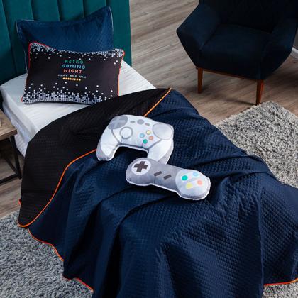 Imagem de Kit Cobre Leito Colcha Infantil SOLTEIRO 5 Peças Retro Game Controle Dupla Face Azul Marinho/Preto com Almofadas Formato Estampadas