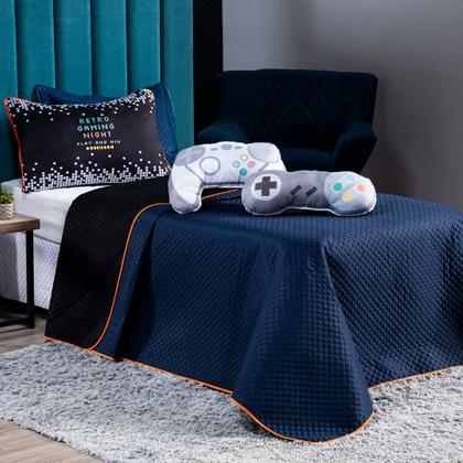 Imagem de Kit Cobre Leito Colcha Infantil SOLTEIRO 5 Peças Retro Game Controle Dupla Face Azul Marinho/Preto com Almofadas Formato Estampadas