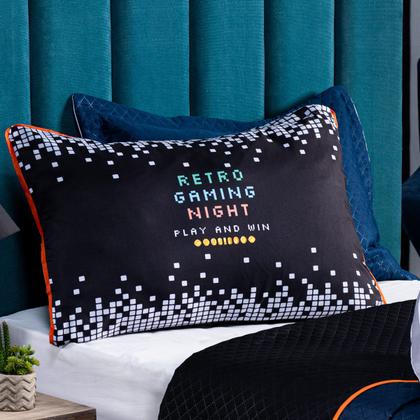 Imagem de Kit Cobre Leito Colcha Infantil SOLTEIRO 5 Peças Retro Game Controle Dupla Face Azul Marinho/Preto com Almofadas Formato Estampadas
