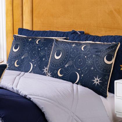 Imagem de Kit Cobre Leito Colcha KING Astros Azul Marinho com Almofada Estampada 06 Peças Dupla Face Percal 300 Fios Toque Macio Acetinado Matelado