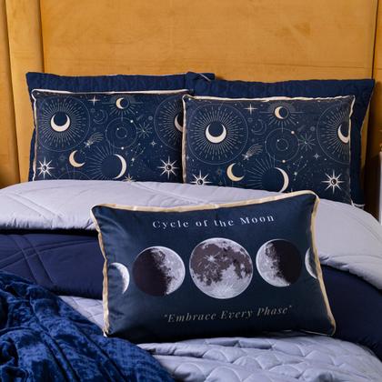 Imagem de Kit Cobre Leito Colcha KING Astros Azul Marinho com Almofada Estampada 06 Peças Dupla Face Percal 300 Fios Toque Macio Acetinado Matelado