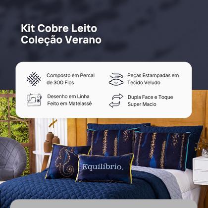 Imagem de Kit Cobre Leito Colcha KING Verano com Almofadas Estampadas 07 Peças - Dupla Face Percal 300 Fios Matelado