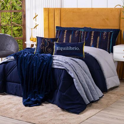 Imagem de Kit Cobre Leito Colcha KING Verano com Almofadas Estampadas 07 Peças - Dupla Face Percal 300 Fios Matelado