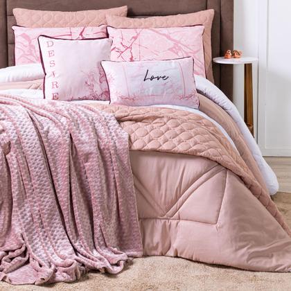 Imagem de Kit Cobre Leito Colcha KING Verano com Almofadas Estampadas 07 Peças - Dupla Face Percal 300 Fios Matelado