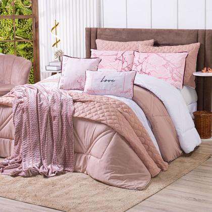 Imagem de Kit Cobre Leito Colcha KING Verano com Almofadas Estampadas 07 Peças - Dupla Face Percal 300 Fios Matelado