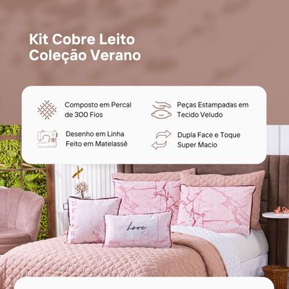 Imagem de Kit Cobre Leito Colcha KING Verano com Almofadas Estampadas 07 Peças - Dupla Face Percal 300 Fios Matelado