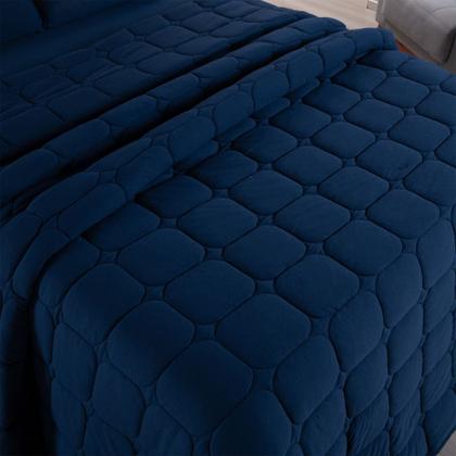 Imagem de Kit Cobre Leito Colcha Livorno Solteiro Acolchoado Fofo Macio Malha 100% Algodão 2 Peças - Azul Marinho