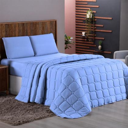 Imagem de Kit Cobre Leito Colcha Minimal Casal 3 Peças Malha 100% Algodão - Azul Claro