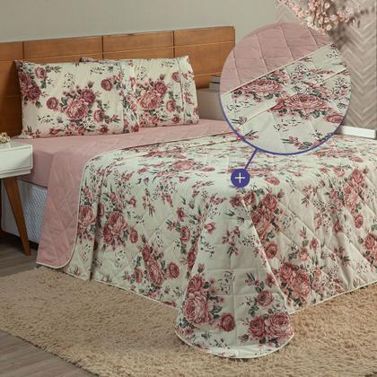Imagem de Kit Cobre Leito Colcha Queen 3 Peças 100% Algodão Dupla Face Estampado Percal 150 Fios