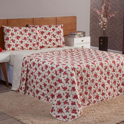 Imagem de Kit Cobre Leito Colcha Queen 3 Peças 100% Algodão Dupla Face Estampado Percal 150 Fios