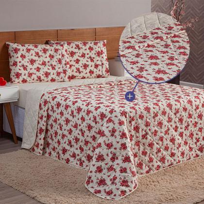 Imagem de Kit Cobre Leito Colcha Queen 3 Peças 100% Algodão Dupla Face Estampado Percal 150 Fios