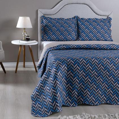 Imagem de Kit Cobre Leito Colcha Queen 3 Peças Boutis Estampada Dupla Face Porta Travesseiro Aba Americana