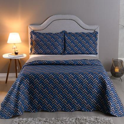 Imagem de Kit Cobre Leito Colcha Queen 3 Peças Boutis Estampada Dupla Face Porta Travesseiro Aba Americana