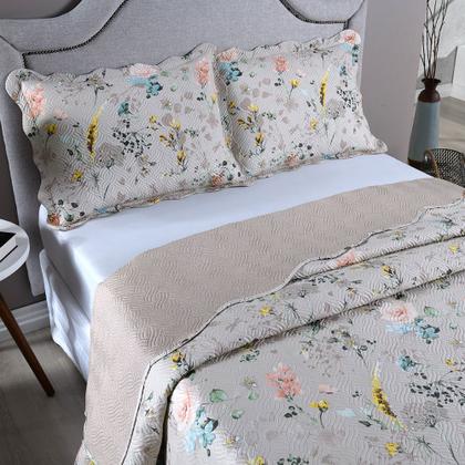 Imagem de Kit Cobre Leito Colcha Queen 3 Peças Boutis Estampada Dupla Face Porta Travesseiro Aba Americana