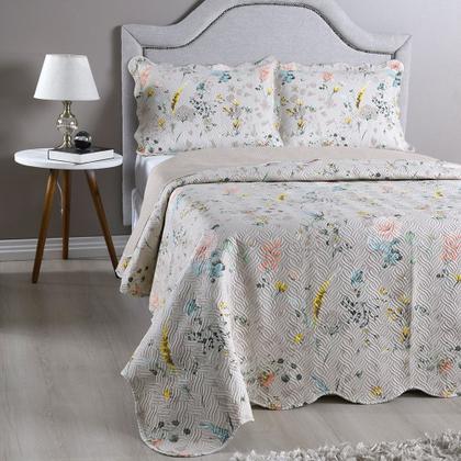 Imagem de Kit Cobre Leito Colcha Queen 3 Peças Boutis Estampada Dupla Face Porta Travesseiro Aba Americana