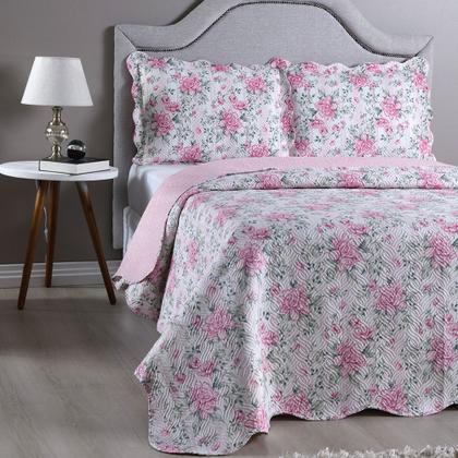 Imagem de Kit Cobre Leito Colcha Queen 3 Peças Boutis Estampada Dupla Face Porta Travesseiro Aba Americana