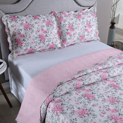 Imagem de Kit Cobre Leito Colcha Queen 3 Peças Boutis Estampada Dupla Face Porta Travesseiro Aba Americana