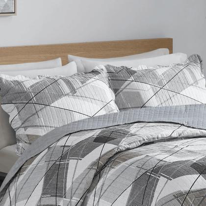 Imagem de Kit Cobre Leito Colcha Queen Cama Box 3 Peças Boutis Dupla Face 200 Fios Estampado Macio Com Porta Travesseiros