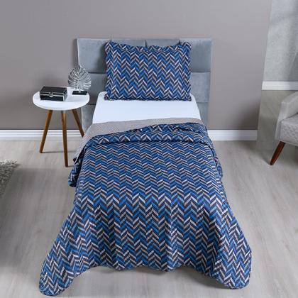 Imagem de Kit Cobre Leito Colcha Solteiro 2 Peças Boutis Estampada Dupla Face Porta Travesseiro Aba Americana