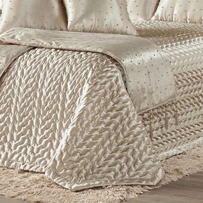 Imagem de Kit Cobre Leito Colcha Vivian King 10 Peças Cetim Amassado Premium Xale Tule Pérolas - Bronze