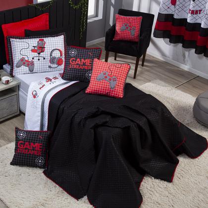 Imagem de Kit Cobre Leito Game Streamer Vermelho Dupla Face c/ Almofadas Casal Padrão 07 Peças
