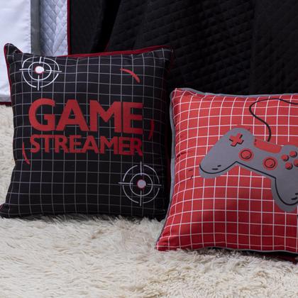 Imagem de Kit Cobre Leito Game Streamer Vermelho Dupla Face c/ Almofadas Casal Padrão 07 Peças