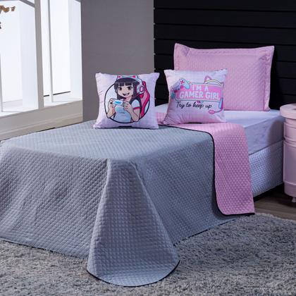 Imagem de Kit Cobre Leito Girl Gamer Rosa/Cinza Dupla Face c/ Almofadas Casal Padrão 05 Peças