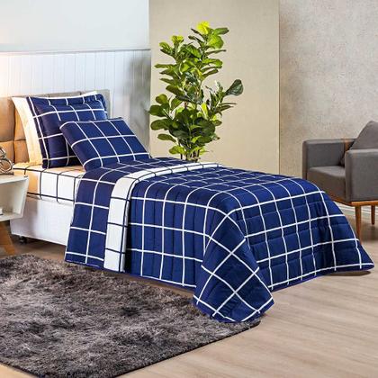 Imagem de Kit Cobre Leito Minimalista Quadriculado Solteiro 02 Peças Tecido Micropercal 200 Fios - Azul Marinho com Branco - 100% Poliéster