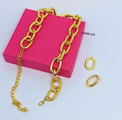 Imagem de Kit Colar Choker e Brincos Feminino Corrente elo Grosso oval Folheado Ouro Conjunto Par de Brinco Antialérgico Luxo Moda