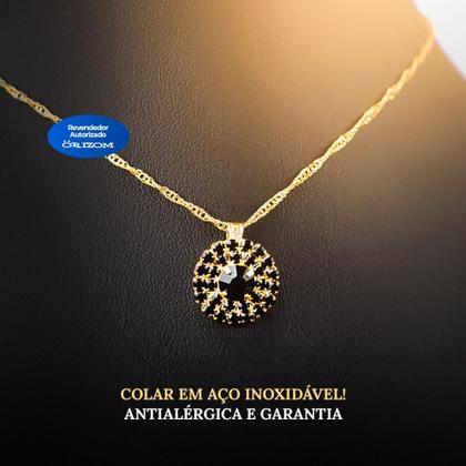 Imagem de Kit colar e brinco feminino Zicronia rosa pingente strass  KCBPS