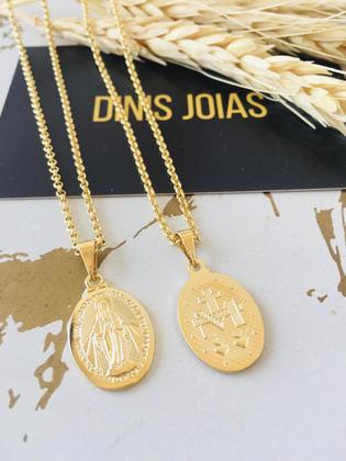 Imagem de Kit Colar E Brinco Medalha N Senhora Das Graças Banhada Ouro 18k