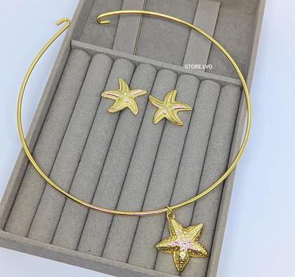 Imagem de Kit Colar e Brincos Choker Elo Aro Fio Rígido Liso com Pingente Estrela do Mar Folheado Ouro Dourado Luxo Moda
