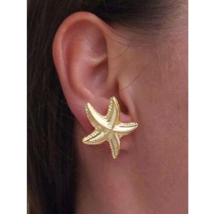 Imagem de Kit Colar e Brincos Choker Elo Aro Fio Rígido Liso com Pingente Estrela do Mar Folheado Ouro Dourado Luxo Moda