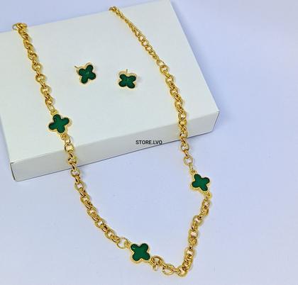 Imagem de Kit Colar e Brincos com Pingente Flor trevo Verde Esmeralda Corrente Elo Português Folheado Ouro Conjunto Par de Brinco