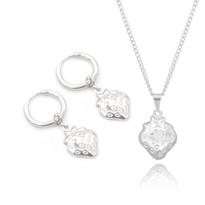 Imagem de kit Colar Feminino Brinco Argola não escurece em aço inox prata morango gargantilha antialérgico